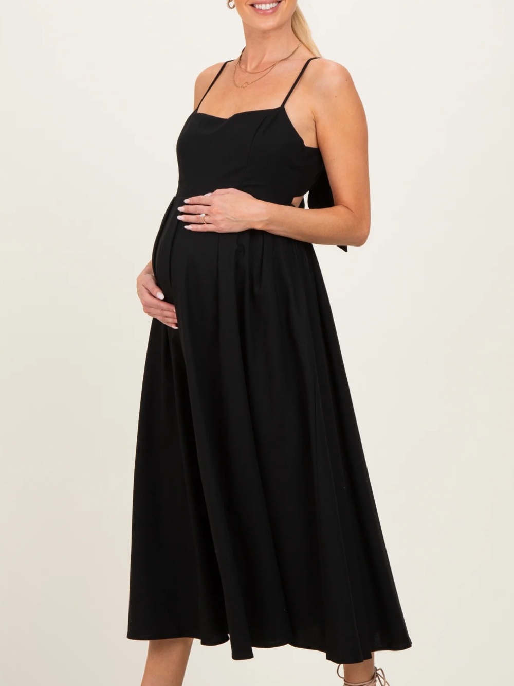 Black Linen Sleeveless Tie Back Flared Maternity Midi Dress